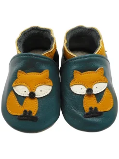 Baby-Lederlaufschuhe mit rutschfester Sohle – dunkelgrün mit Fuchsmotiv