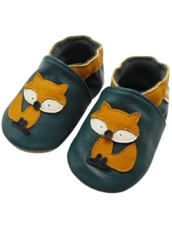 Baby-Lederlaufschuhe mit rutschfester Sohle – dunkelgrün mit Fuchsmotiv