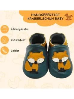 Baby-Lederlaufschuhe mit rutschfester Sohle – dunkelgrün mit Fuchsmotiv