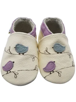 Baby-Lederlaufschuhe mit rutschfester Sohle – Cremefarben mit Vogelmotiv
