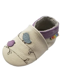 Baby-Lederlaufschuhe mit rutschfester Sohle – Cremefarben mit Vogelmotiv