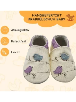 Baby-Lederlaufschuhe mit rutschfester Sohle – Cremefarben mit Vogelmotiv