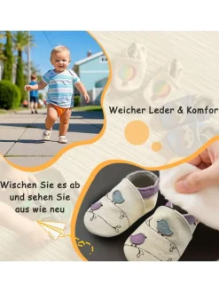 Baby-Lederlaufschuhe mit rutschfester Sohle – Cremefarben mit Vogelmotiv
