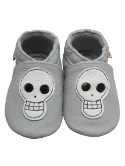 Babyschuhe aus echtem Leder mit rutschfester Sohle –Hellgrau mit Totenkopfmuster