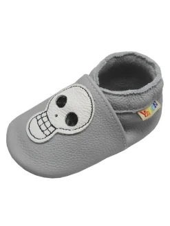 Babyschuhe aus echtem Leder mit rutschfester Sohle –Hellgrau mit Totenkopfmuster