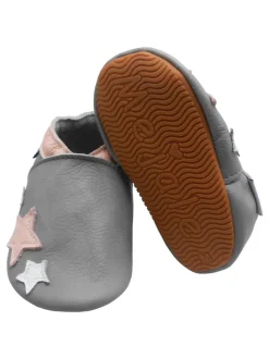 Babyschuhe aus grauem Leder, bequeme rutschfeste Sohlen - Sternmuster