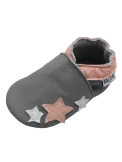 Babyschuhe aus grauem Leder, bequeme rutschfeste Sohlen - Sternmuster