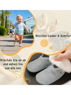 Babyschuhe aus Leder mit rutschfester Sohle – Hellgrau