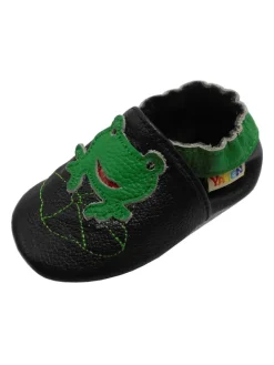 Babyschuhe aus Leder mit rutschfester Sohle – Schwarz mit Frosch-Muster