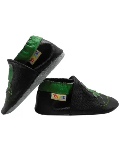 Babyschuhe aus Leder mit rutschfester Sohle – Schwarz mit Frosch-Muster