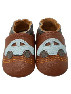 Babyschuhe aus Leder mit rutschfester Sohle – Braun mit Auto-Muster