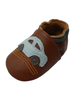 Babyschuhe aus Leder mit rutschfester Sohle – Braun mit Auto-Muster