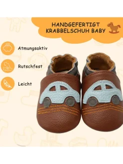 Babyschuhe aus Leder mit rutschfester Sohle – Braun mit Auto-Muster