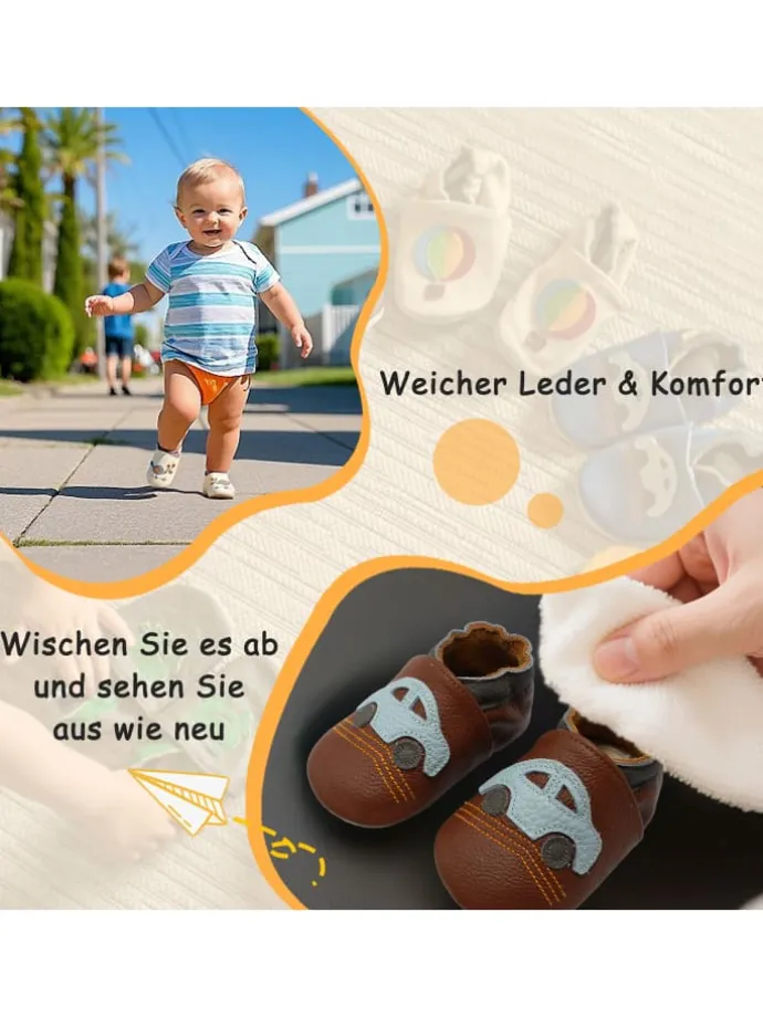 Babyschuhe aus Leder mit rutschfester Sohle – Braun mit Auto-Muster