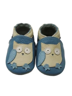Blaue Baby Leder Krabbelschuhe, mit rutschfester Sohle – Eulen-Muster