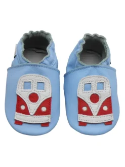 Blaue Baby-Leder-Laufschuhe, komfortabel mit rutschfester Sohle - mit Busmotiv