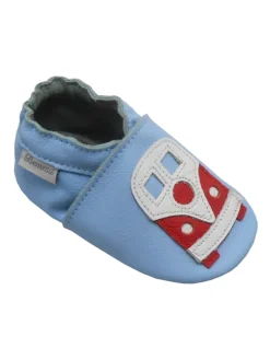 Blaue Baby-Leder-Laufschuhe, komfortabel mit rutschfester Sohle - mit Busmotiv
