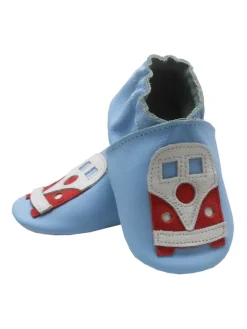 Blaue Baby-Leder-Laufschuhe, komfortabel mit rutschfester Sohle - mit Busmotiv