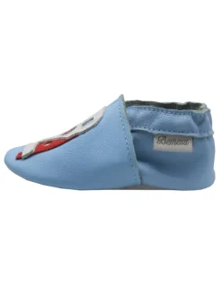 Blaue Baby-Leder-Laufschuhe, komfortabel mit rutschfester Sohle - mit Busmotiv