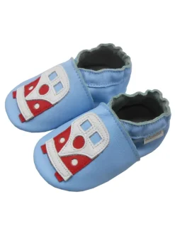 Blaue Baby-Leder-Laufschuhe, komfortabel mit rutschfester Sohle - mit Busmotiv