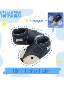 Dunkelblaue Baby Leder Krabbelschuhe, mit rutschfester Sohle – Fuchs-Muster