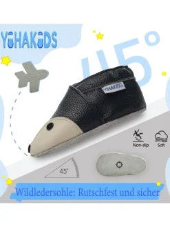 Dunkelblaue Baby Leder Krabbelschuhe, mit rutschfester Sohle – Fuchs-Muster