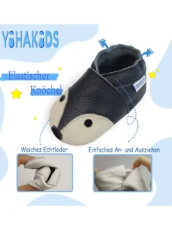 Dunkelblaue Baby Leder Krabbelschuhe, mit rutschfester Sohle – Fuchs-Muster