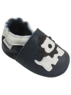 Dunkelblaue Baby Leder Krabbelschuhe, mit rutschfester Sohle – Mops-Muster