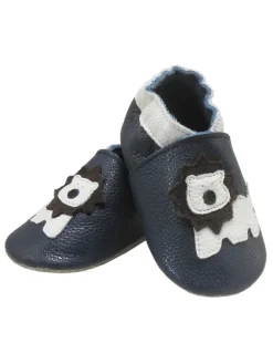 Dunkelblaue Baby Leder Krabbelschuhe, mit rutschfester Sohle – Mops-Muster