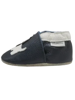 Dunkelblaue Baby Leder Krabbelschuhe, mit rutschfester Sohle – Mops-Muster