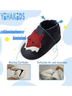 Dunkelblaue Baby Leder Krabbelschuhe, mit rutschfester Sohle – Fuchs-Muster