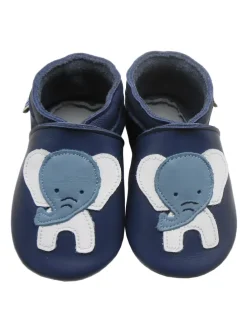 Dunkelblaue Babyschuhe aus echtem Leder ，rutschfester Sohle–Mit Elefanten-Muster