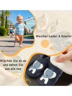 Dunkelblaue Babyschuhe aus echtem Leder ，rutschfester Sohle–Mit Elefanten-Muster