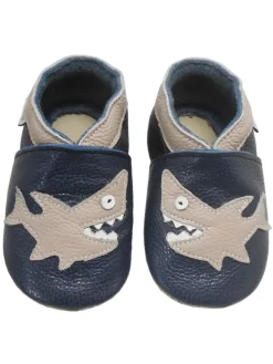 Dunkelblaue Leder Babyschuhe, Krabbelschuhe, rutschfeste Sohle - Hai-Muster