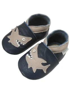 Dunkelblaue Leder Babyschuhe, Krabbelschuhe, rutschfeste Sohle - Hai-Muster