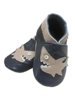Dunkelblaue Leder Babyschuhe, Krabbelschuhe, rutschfeste Sohle - Hai-Muster