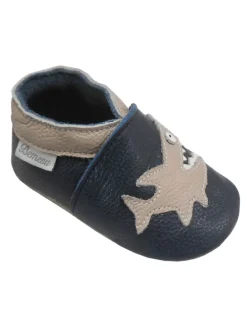 Dunkelblaue Leder Babyschuhe, Krabbelschuhe, rutschfeste Sohle - Hai-Muster