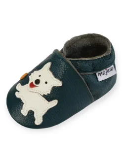 Dunkelgrüne Babyleder-Kleinkindschuhe, bequeme rutschfeste Sohle - Welpenmuster
