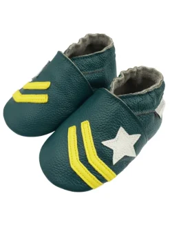 Dunkelgrüne Baby-Leder-Laufanfänger, bequeme rutschfeste Sohlen – Meteor-Muster