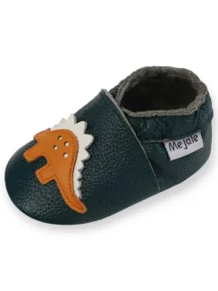 Dunkelgrüne Baby-Leder-Wanderschuhe, rutschfeste Sohlen - Triceratops-Muster