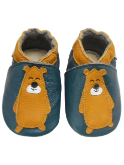 Dunkelgrüne Leder Babyschuhe, Krabbelschuhe, rutschfeste Sohle - Bärenmuster