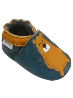 Dunkelgrüne Leder Babyschuhe, Krabbelschuhe, rutschfeste Sohle - Bärenmuster
