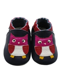 Dunkellila Baby Leder Krabbelschuhe, mit rutschfester Sohle - Eulen-Muster