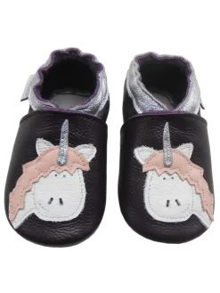 Dunkellila Leder Krabbelschuhe für Babys, rutschfeste Sohle – Einhorn-Muster