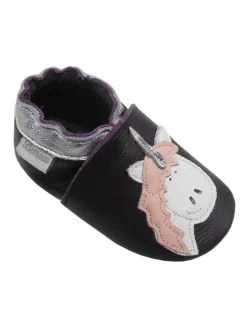Dunkellila Leder Krabbelschuhe für Babys, rutschfeste Sohle – Einhorn-Muster
