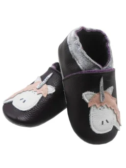 Dunkellila Leder Krabbelschuhe für Babys, rutschfeste Sohle – Einhorn-Muster