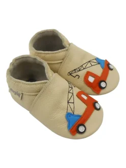 Elfenbeinfarbene Baby-Leder-Laufschuhe, mit rutschfester Sohle - Lastwagenmotiv