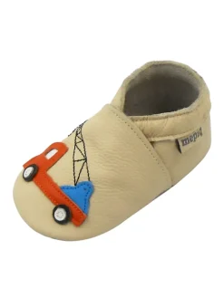 Elfenbeinfarbene Baby-Leder-Laufschuhe, mit rutschfester Sohle - Lastwagenmotiv
