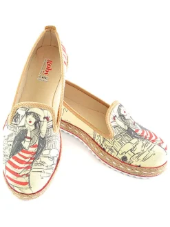 Espadrilles in Beige/ Schwarz/ Rot