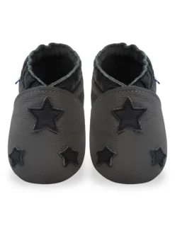Grau Baby Leder Krabbelschuhe, mit rutschfester Sohle – Sternenmuster